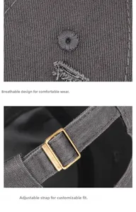 Close-up of breathable eyelets and adjustable vintage metal buckle on baseball cap