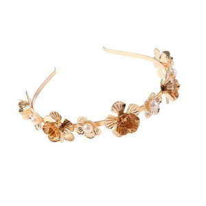Elegant gold metal headband featuring sculpted flowers and white pearls for wedding hair accessory