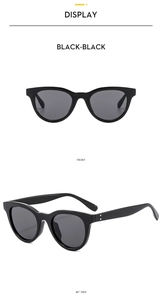 Front and 45-degree side views of black oversized cat-eye sunglasses with thick frames
