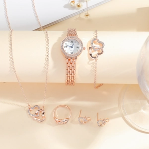 Elegant rose gold 5pcs jewelry set with starry watch, heart necklace and stud earrings