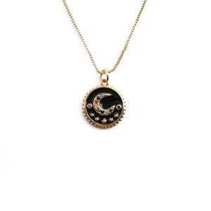 Golden moon and star pendant necklace with black enamel and colorful zircon stones