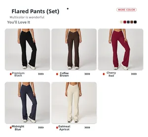 Detail of high-waist flared yoga pants featuring a crossover waistband in five colors