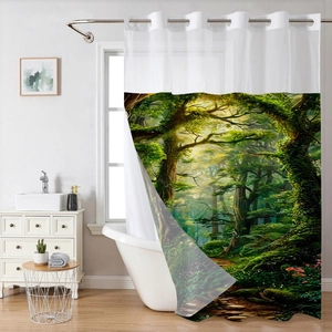 Detailed forest landscape high-definition print on a waterproof waffle shower curtain