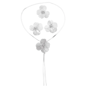 Detail view of floral necklace and earrings set with brushed silver petal texture
