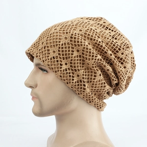 Detail of khaki crochet knit beanie showing breathable hollow-out pattern and texture