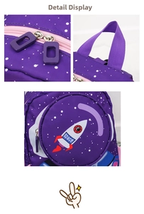 Detail view of purple space rocket toddler backpack with nylon texture and star print
