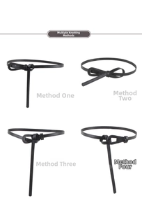 Detailed views of four versatile knotting styles for the slim black PU leather belt