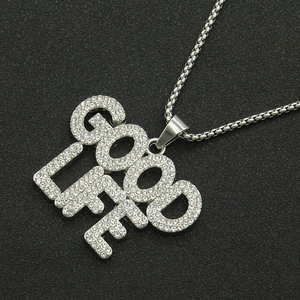 Hip hop GOOD LIFE letter pendant necklace in silver with rhinestones on box chain