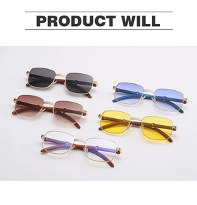 Flat lay of vintage square sunglasses with wood grain temples and various lens colors