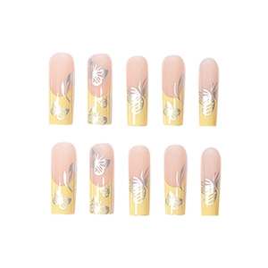 Long square press-on nails with yellow French tips and silver butterfly designs