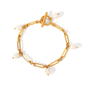 18k gold plated stainless steel pearl bracelet with OT toggle clasp on white background