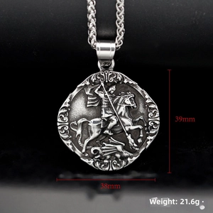Detailed view of Saint George and the Dragon pendant dimensions 39mm by 38mm