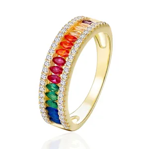 925 Sterling Silver Rainbow Zirconia Eternity Band Ring Colorful Marquise Baguette Gemstone Pave Ring For Women Fashion Jewelry