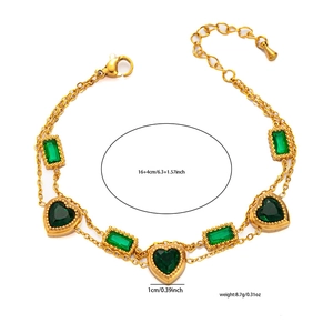 Detailed view of 18K gold plated double layer bracelet with green heart zirconia stones