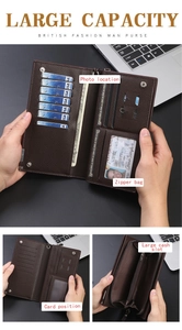 Macro view of dark brown pebbled leather wallet with large capacity functional compartments