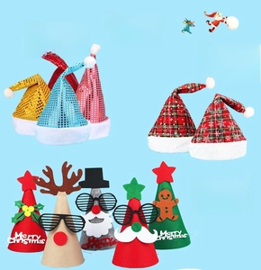 Detail showing assorted sequin and plaid Christmas hats with 3D reindeer and snowman appliqués