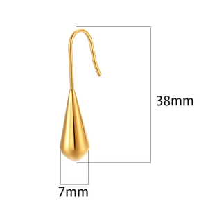 Detailed view of gold teardrop earrings measuring 38mm in height and 7mm in width