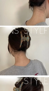 Detailed views of a marble blue and amber acetate hair claw clip worn by a model