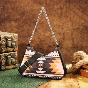 Detail view of Aztec bohemian hobo bag with tribal pattern and silver chain strap
