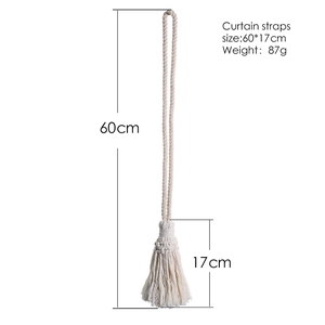 Detailed size specifications for beige woven cotton curtain straps with tassel fringe