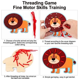 Wooden lion threading toy for kids fine motor skills development four-step guide
