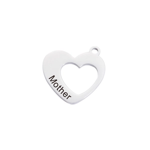 Polished silver heart pendant featuring Mother engraving and cutout heart design detail