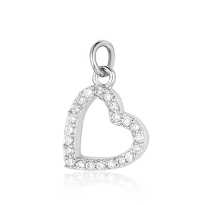 Close-up of heart-shaped pendant with cubic zirconia pavé stones in silver finish