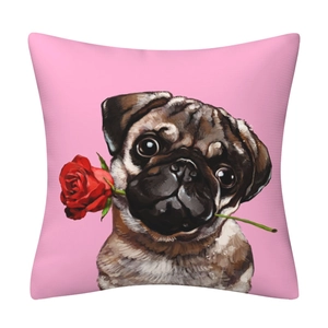 Cute pink pug holding a red rose printed pillowcase for home sofa decoration