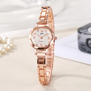 Elegant rose gold women's quartz watch with a small round dial and metal strap