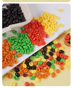 Detailed close-up of colorful resin coffee beans for DIY crafts and decor