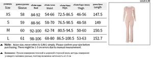 Detailed size chart in CM for long sleeve slim fit jumpsuit showing XS to L measurements