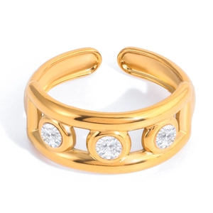 Bague ouverte classique en acier inoxydable plaqué or 18K avec trois zircons