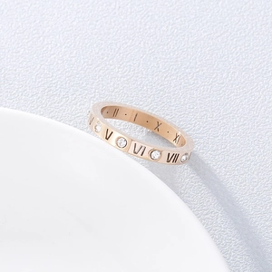 Macro detail of rose gold titanium steel ring with roman numerals and inlaid diamonds