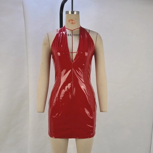 Detail of red shiny PU leather halter dress with deep V-neck and slim fit silhouette
