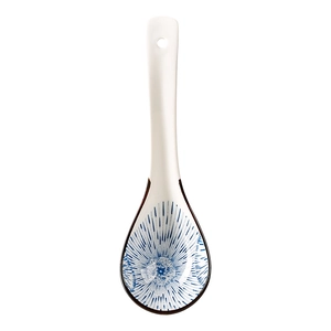 Japanese style white ceramic soup spoon with blue radial stripes and hanging hole