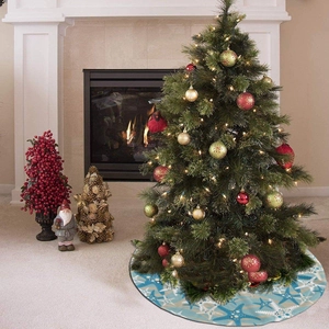 Blue starfish and seashell printed short plush Christmas tree skirt for holiday decor