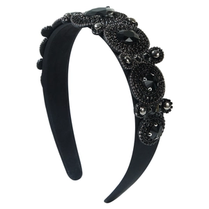 Vintage Baroque headband with black crystals, beads and silver studs on black satin