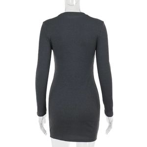 Detail view of the back of a dark grey ribbed knit long-sleeve bodycon mini dress