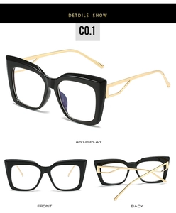 Detailed front and back views of black cat-eye glasses with golden metal temples
