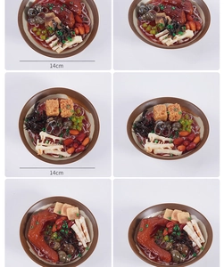 Macro detail of 14cm lifelike Luosifen food model with rich toppings for window display