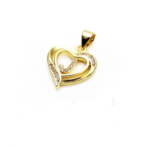 Detail of gold heart pendant featuring double-layer design and micro-pave cubic zirconia