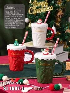 Close-up of 400ml Christmas ceramic mugs with knit relief texture and festive lid motifs