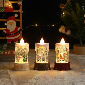 Three LED Christmas candle lanterns with Santa and snowman scenes on a warm festive background