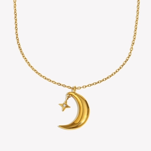 18K gold plated stainless steel crescent moon and star pendant necklace with zircon