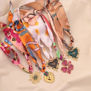 Bohemian 304 Stainless Steel Scarf Necklace For Women Vintage Enamel Heart Flower Pendant Satin Ribbon Statement Jewelry