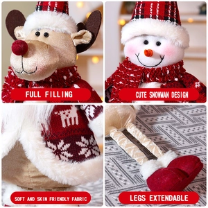 Christmas plush dolls featuring reindeer and snowman designs with extendable legs and red plaid