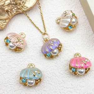 DIY enamel shell pendant necklace with white pearl and rhinestone in gold finish