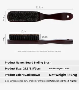 Detail view of solid wood beard brush with natural black boar bristles and dimensions
