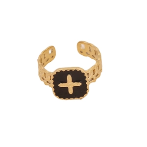 Bague ouverte dorée en acier inoxydable avec croix noire et anneau à maillons évidés