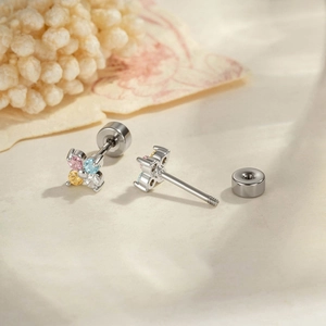 Micro zircon four-leaf clover stud earrings with colorful stones and screw back closure